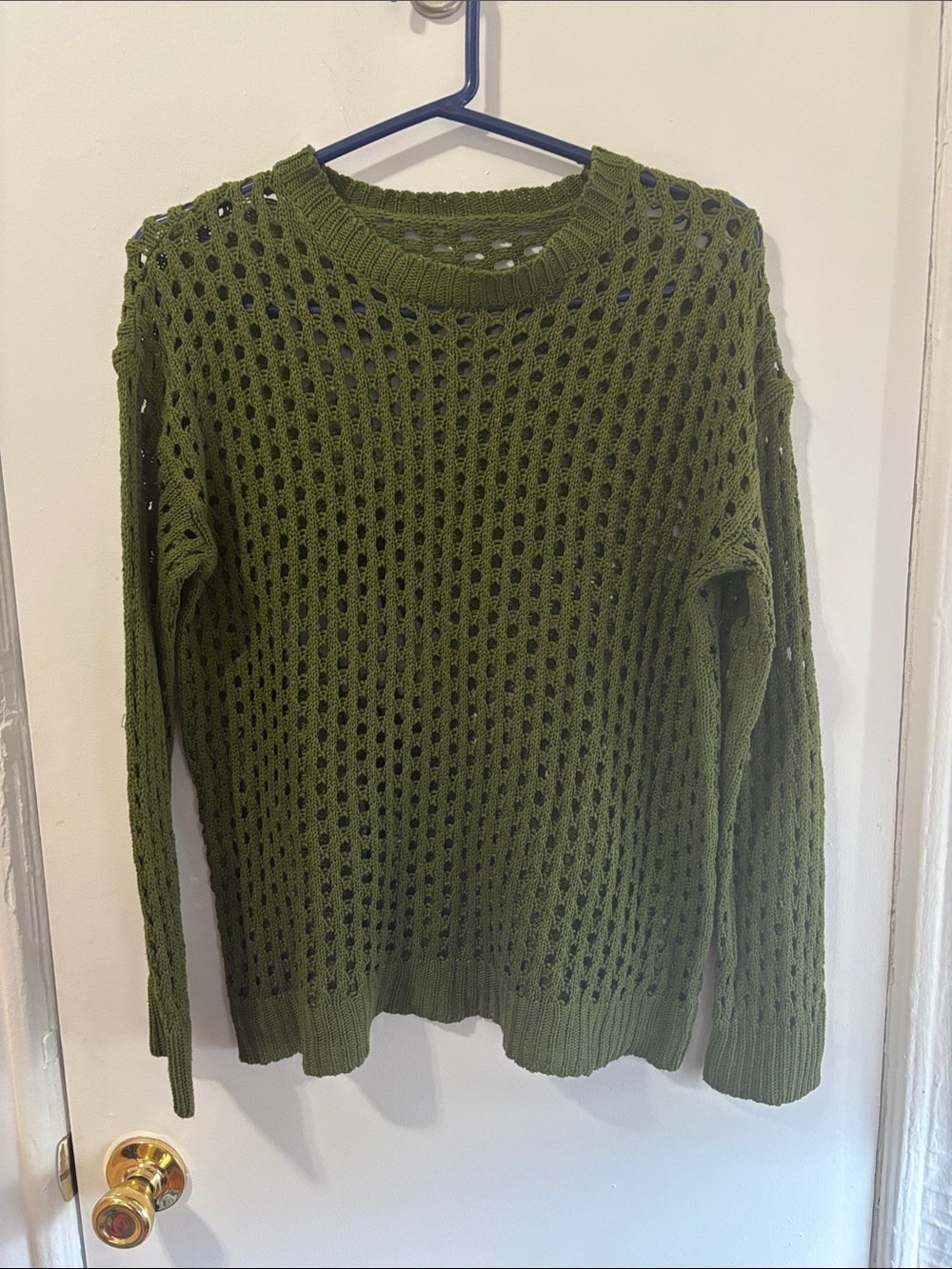 Olive Green Open-Knit Crewneck Sweater